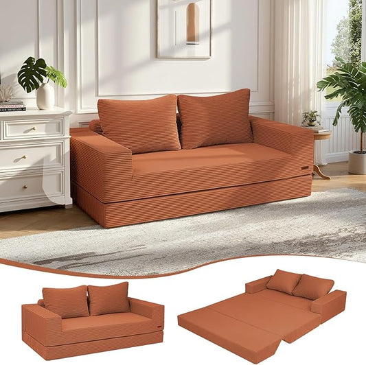 COMAX Convertible Sofa Bed Queen, Corduroy Folding Floor Couch Pull Out Couch Bed Futon Sleeper with Pillows, Fold Out Boneless Sofa Comfy Lounge Mattress Loveseat for Living Room Bedroom