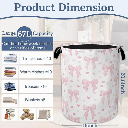 Cute Pink Bow Laundry Basket,Foldable Oxford Cloth Heart Laundry Hamper with Handles, 20.8"x16" Tote Bag Clothes Storage Bucket for Laundry Room/Bathroom/Bedroom/Dormitories