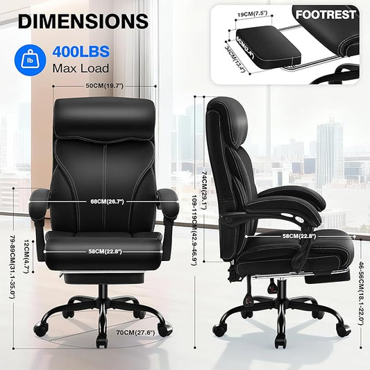 Office Chair - Ergonomic Comfortable High Back Computer Desk Chair with Foot Rest - Executive Breathable Swivel Rolling Reclining Leather Chair with Lumbar Support for Home Gaming Relaxing