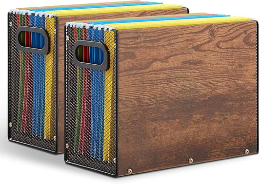2 Packs Hanging File Folder Organizer Filing Box with Handles for Letter Size Folders Vintage File Organizer Holder for Desk Space-Saving Storage Bin for Office/Home, 12.2" x 5.3" x 9.8"