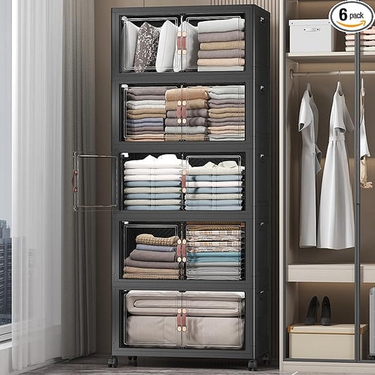 Extra Large Stackable Storage Bins with Lids & Wheels & Door, 560QT-112QT/28GAL*5Pack Foldable Collapsible Closet Organizers, Plastic containers drawers for bedroom Dorm