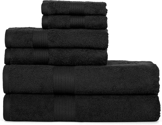 Ample Decor 100% Cotton Luxury 6 Piece Towels Set, 2 Bath Towels, 2 Hand Towels, 2 Wash Cloths for Bathroom - Black Towel Sets