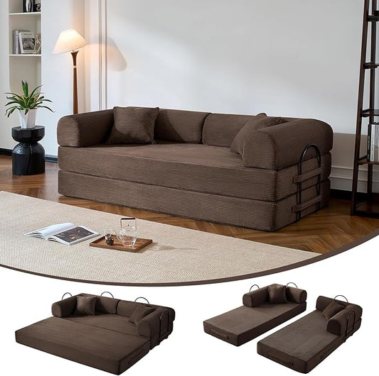 Compressed Sofa, Convertible Sofa Bed, Corduroy Compression Boneless Couch with Pillow, Comfy Modular Foldable Floor Sleeper Sofa for Bedroom, Living Room, Lounge, Studio (Brown)