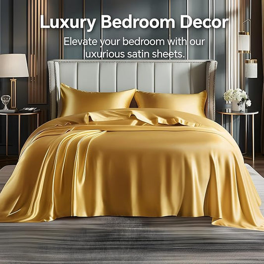BEDELITE Satin Sheets Queen Size Bed Set, Luxury Soft Gold Silky Sheets for Hair and Skin, Similar to Silk Bed Sheets Set 4 Pieces with 1 Deep Pocket Fitted Sheet, 1 Flat Sheet, and 2 Pillowcases