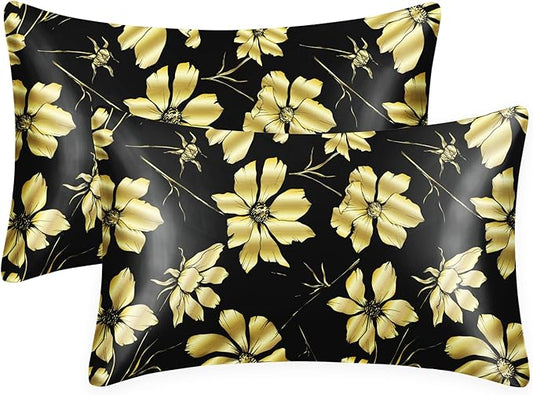 EXQ Home Satin Pillowcase for Hair and Skin Queen - Printed Golden Flowers Silk Pillow Cases 2 Pack 20x30 inches - Satin Pillow Cases Set of 2 with Envelope Closure, Gifts for Women Men
