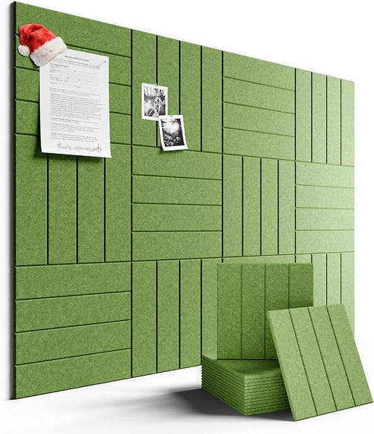Felt Bulletin Board Tiles Large 48" x 36" Cork Board Alternative-12 Pack with 70 Adhesive Tabs, Thick Slat Wall Panels for Office Decor, Push Pin Board Wall Organizer Alternative-Kelly Green