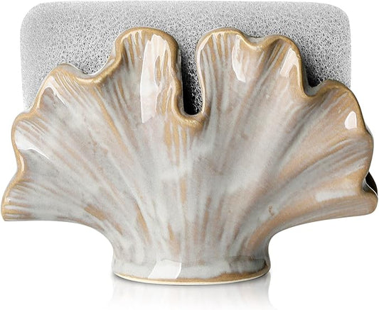 Ceramic Sponge Holder,Sponge Holder for Kitchen Sink,Compact Sink Caddy Organizer-Scouring Pad and Dish Holder,Farmhouse Kitchen Decor Cute Gadgets Accessories(Brown Grey)