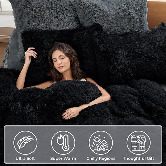 Sasttie 3-Piece Fluffy Duvet Cover Queen, Ultra Soft Faux Fur and Velvet Black Comforter Cover, Luxury Fuzzy Bedding Sets for Winter Bed, Includes 1 Duvet Cover and 2 Pillowcases, No Comforter