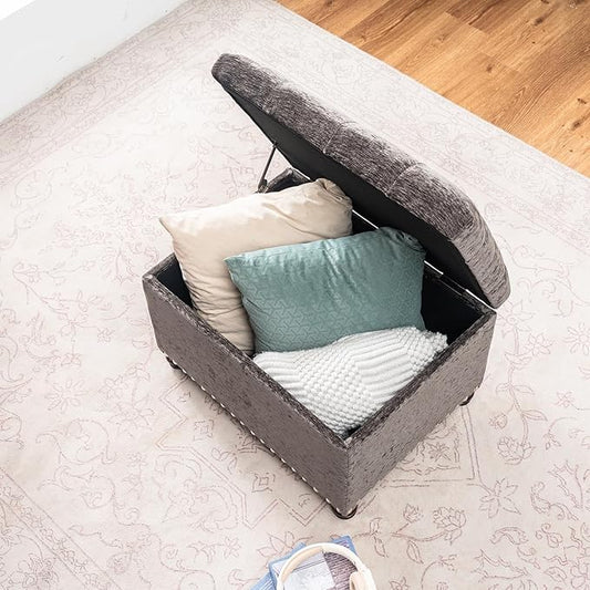 Joveco Storage Ottoman Bench, Rectangle 24" Velvet Foot Rest Stool Square Footstool for Living Room, Bedroom, Charcoal Grey