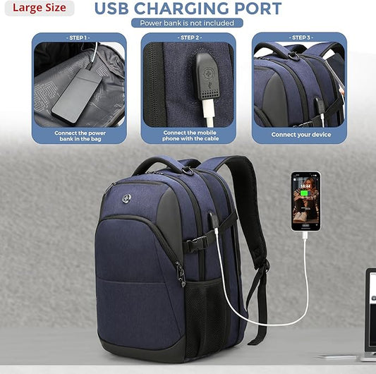 Swissdigital Design Travel Laptop Backpack for Men and Women, 35L Expandable Large Business Backpack with USB Charging Port for Fits 17 Inch Notebook, Blue | SD1671-12