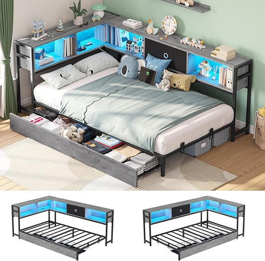 Hasuit Twin Corner Bed Frame with Storage Drawers and Bookcase Headboard, Twin Size Metal Platform Corner Bed Frame with Charging Station and LED Lights, Twin Daybed for Kids Teens Guests, Oak Gray