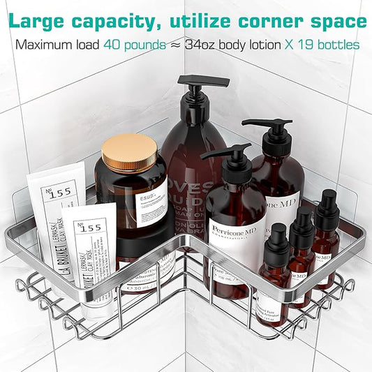 YASONIC Corner Shower Caddy, 3-Pack Adhesive Bathroom Caddy with Soap Holder and 12 Hooks, Rustproof Stainless Steel Shower Organizer, No Drilling Wall Mounted Shower Rack, Brushed Silver