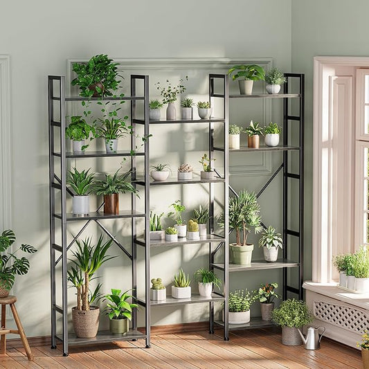 SUPERJARE Triple 5 Tier Bookshelf, Bookcase with 14 Open Display Shelves, Wide Book Shelf Book Case for Home & Office, Grey