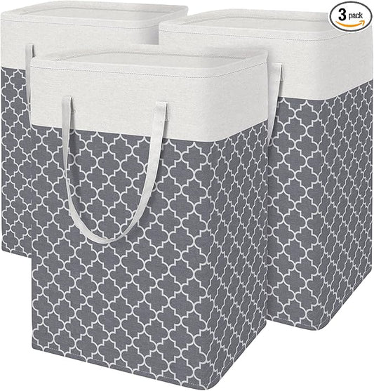 BlissTotes 3-Pack Laundry Basket, Freestanding&Waterproof Laundry Hamper, Collapsible Tall Clothes Hamper with Easy Carry Handles for Clothes, Towels in the Family and Dorm,Clover Grey,88L