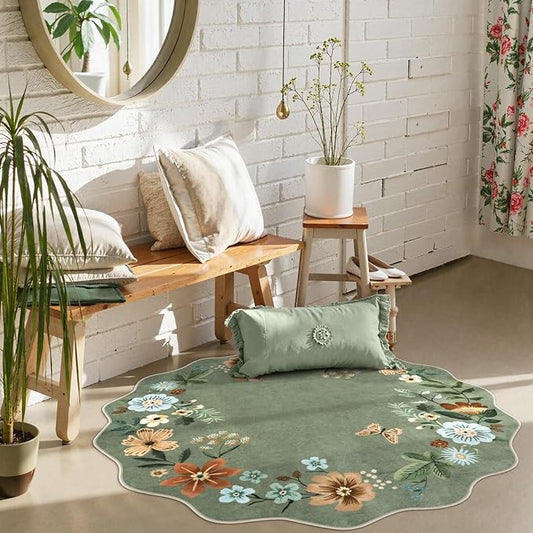 Lahome Floral Round Area Rugs, Washable Small Round Rug 3ft Non-Slip, Soft Boho Ultra-Thin Circle Carpet for Bedroom Entryway Kitchen Laundry Bathroom, Green