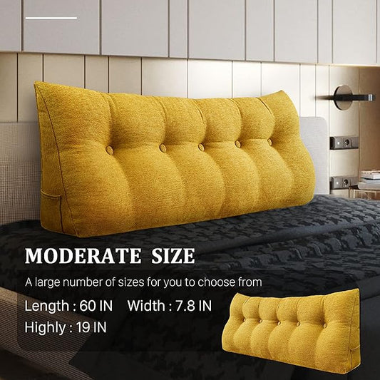 11 lbs Thickened Headboard Pillow Wedge Pillow Headboard Reading Pillow Bed for Comfortable Backrest Reading Triangular Pillow with Side Pocket for Sitting in Bed Cotton Linen Yellow Queen