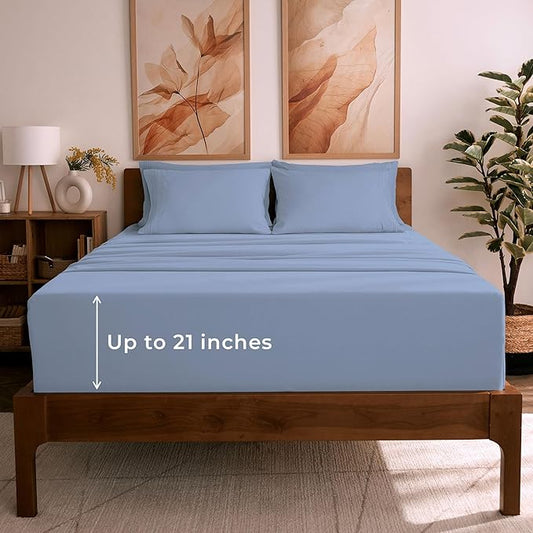 Mellanni Full Sheet Set - 6-Piece Iconic Collection Bedding, (Including 4 Pillowcases), 21-Inch Extra Deep Pocket, Easy Care, Ultra Soft, Cooling Sheets, Brushed Microfiber - Sky Blue