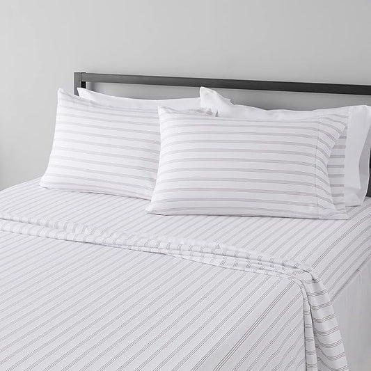 Amazon Basics Lightweight Super Soft Easy Care Microfiber 4 Piece Bed Sheet Set with 14-Inch Deep Pockets, Queen, Taupe Stripe, Striped AmazonBasics