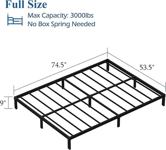 9 Inch Full Size Bed Frame Heavy Duty Low Profile Metal Platform No Box Spring Needed Mattress Foundation, Easy to Assembly, Noise Free, Black