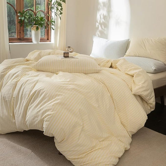 FOSSA Striped Duvet Cover Set 100% Washed Cotton Linen Feel Super Soft Breathable Cozy 3 Pieces Bedding Sets Pastel Yellow Classic Stripes King