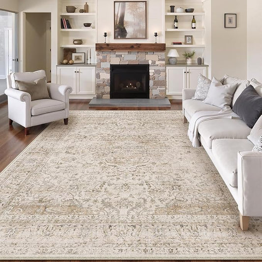 9x12 Beige Area Rug Vintage Living Room Bedroom Washable Carpet Non-Slip Soft Low Pile Distressed Indoor Large Throw Rug for Dining Room Office