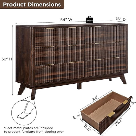 T4TREAM Fluted 6 Drawers Dresser, 54" Wide Modern Chest of Drawers, Curved Profile Design, Dresser TV Stand, Wood Drawer Organizer for Bedroom, Living Room, Hallway, Dark Walnut