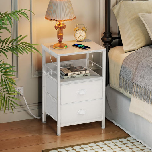 Furologee End Table with Charging Station, Nightstand with Fabric Drawers, Side Tables with USB Ports & Outlets, Night Stand with Storage Shelf & Hooks, for Living Room/Bedroom, White Dormly