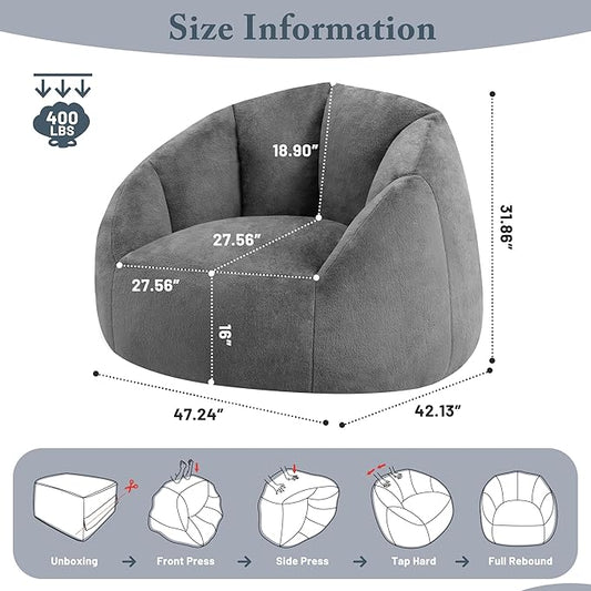 Giant Bean Bag Chair for Adults - Comfy Plush Round Shell Soft Accent Chair, Oversized Cozy Lounge Floor Sofa Reading Chair, Mini Couch for Living Room, Bedroom & Game Rooms, Gray