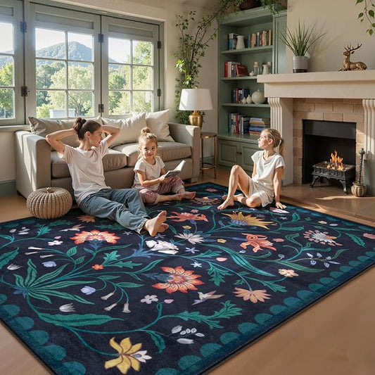 Lahome Boho Floral Washable Dark Blue 9x12 Area Rugs for Living Room, Non Slip Rugs for Bedroom, Indoor Throw Dining Room Carpet for Under Table Home Office Playroom (Dark Blue,9x12ft)