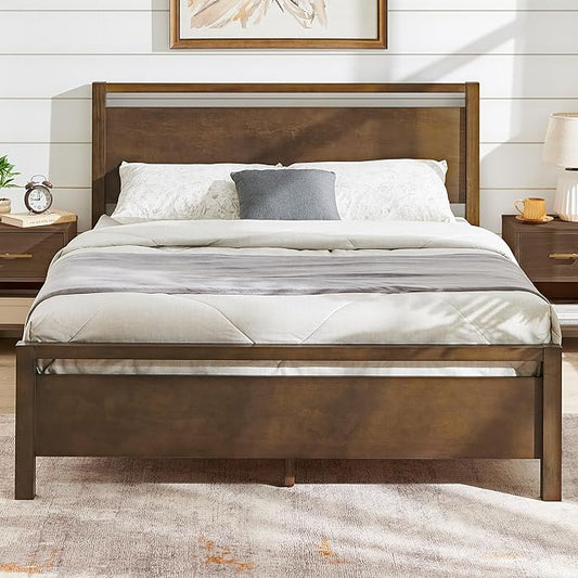 AMERLIFE Queen Size Solid Wood Bed Frame with Headboard, Minimalist Platform Bed with Wooden Slats Support/No Box Spring Needed/Easy Assembly/Noise-Free, Dark Brown