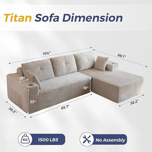 MAXYOYO 104" Modular Sectional Couch with L-Shape Chaise, Modern Boneless Couch for Living Room, Sofa in A Box, Oversized Sofa Sleeper with Deep Seat, No Assembly Required, Grayish Beige