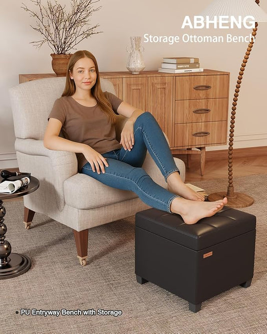 17.7 inches Synthetic Leather turfed Ottomans Cube with Storage, Metal-Framed Square Storage Ottoman Foot Rest Stool Holds 770 LB for Dorm Living Room Bedroom Black UASND63B