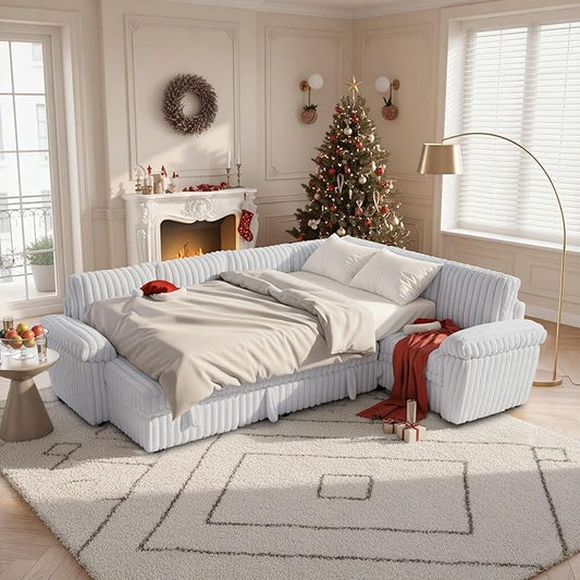 Modular Sectional Sleeper Sofa with Pull Out Bed, U Shaped 7 Seat Sectional Couches for Living Room, 110 Inch Sofa Bed with Armrest Pillows | Hidden Storage | USB Charging | Cup Holder, White