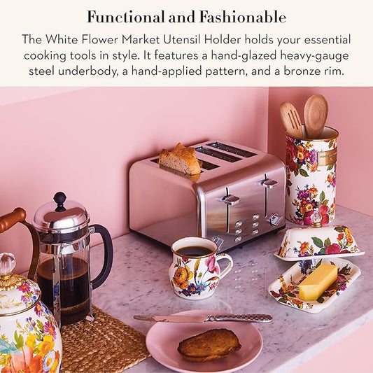 MACKENZIE-CHILDS Enamel Utensil Holder, Kitchen Utensil Holder for Countertop, Storage Caddy, White Flower Market