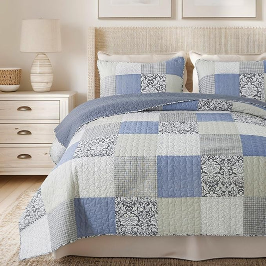 SLPR Sweet Dreams Cotton Quilt Set - Queen Size with 2 Shams, Pieced Patchwork Bedding in Blue and Gray, Country Style Farmhouse Quilted Bedspread