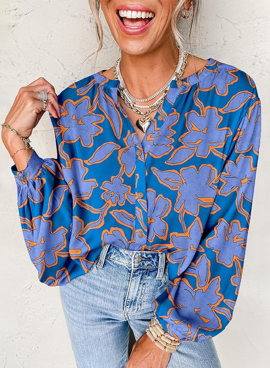 Astylish Womens 2026 Boho Floral Loose Spring Summer Tops Lantern Sleeve Flowy Blouses V Neck Button Down Shirts