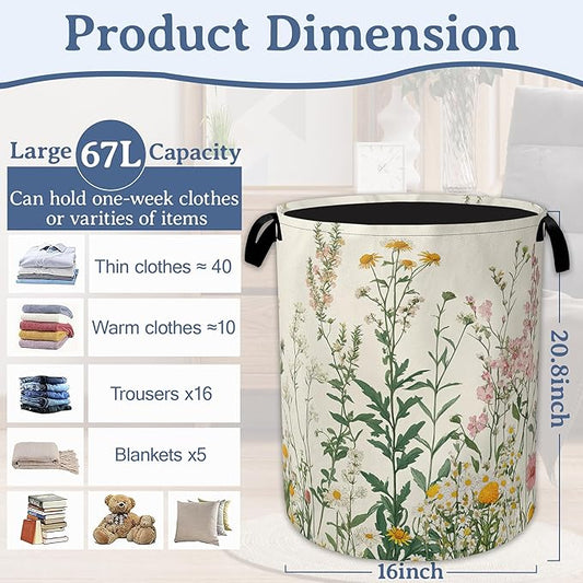 Wildflowers Laundry Hamper With Handle,Foldable Oxford Cloth Vintage Herb Flower Botanical Laundry Basket,20.8"x16" Clothes Storage Basket for Laundry Room/Bedroom/Bathroom