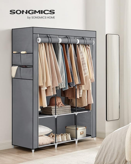 SONGMICS Portable Closet, Wardrobe Closet Organizer with Cover, 3 Hanging Rods and Shelves, 4 Side Pockets, 51.2 x 17.7 x 65.7 Inches, Large Capacity for Bedroom, Living Room, Gray URYG092G02