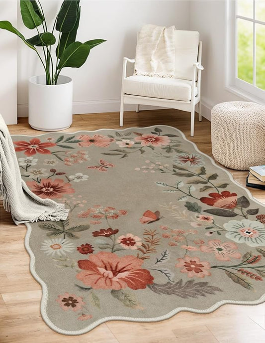Lahome Floral Machine Washable Rug, 3x5 Rug Non Slip Soft Bedroom Rugs for Entryway Dorm, Ultra-Thin Boho Rugs for Living Room Stain Resistan Throw Carpet for Nursery Entrance,Brown