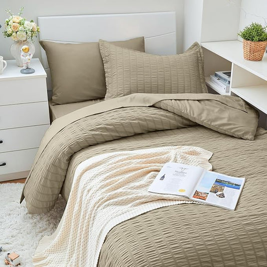 HYMOKEGE Linen Twin XL Comforter Set Seersucker 5 Pieces, All Season Luxury Bed in a Bag for Bedroom, Bedding Set with Comforter, Sheets, Pillowcase & Sham