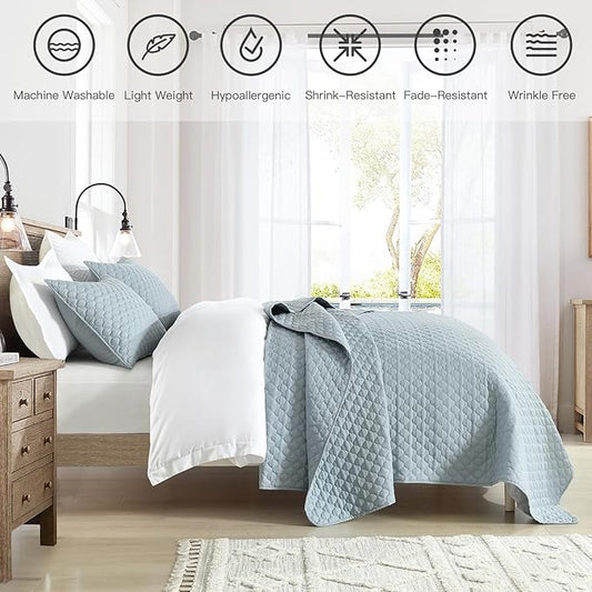 HORIMOTE HOME Quilt Twin Size Chambray Blue, Lightweight Quilt for Summer Ultra-Soft Microfiber Modern Style Quilted Clouds Pattern Bedspread Quit Set 2 Pieces (1 Quilt and 1 Pillow Sham)