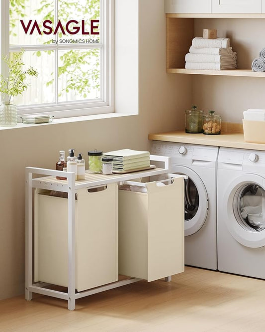 VASAGLE Laundry Hamper, Laundry Basket Sorter with 2 Pull-Out and Removable Bags, Shelf, Metal Frame, 2 x 12.1 Gallons (46 L), 28.8 x 13 x 28.4 Inches, Cappuccino Beige and Natural Beige UBLH201LH01