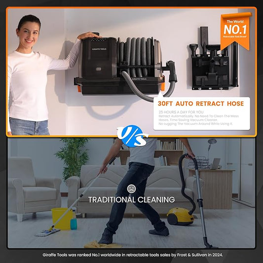 Giraffe Tools Grandstorm Wet Dry Vacuum Cleaner with 6 Nozzles, 30 FT Retractable Hose Wall Mounted Vacuum Cleaner for Car Detailing, Grey(No Remote Control Funtion)