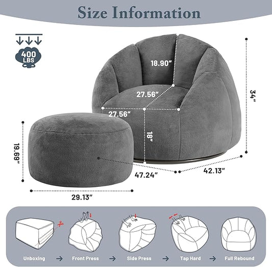 Swivel Giant Bean Bag Chair for Adults with Ottoman - Comfy Plush Round Shell Soft Accent Chaise Lounge Indoor Reading Chair, Oversized Cozy Floor Sofa for Living Room, Bedroom Dorm, Gray