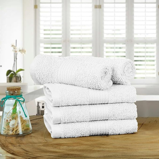 Ample Decor Washcloths Pack of 5 12 X 12 Inch, 600 GSM 100% Cotton Soft Absorbent, Premium Quality Durable Ideal for Bathroom, Pool, Hotel, Spa - White