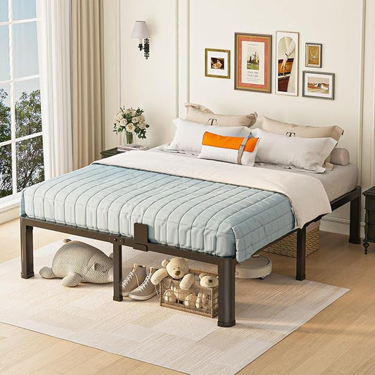14 inch Queen Bed Frame with Round Corner Legs Mattress Slide Stopper,3500 lbs Heavy Duty Metal Platform,Steel Slats Support,No Box Spring Needed,Easy Assembly,Noise Free