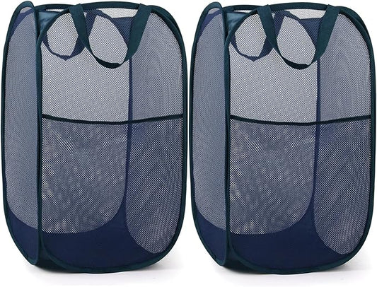 2 Pack Durable Collapsible Laundry Baskets - Reinforced Mesh Pop Up Laundry Hamper with Pocket, Foldable Dirty Clothes Hamper with Carry Handles for Laundry, Bathroom, Kids Room, Dorm or Travel Navy