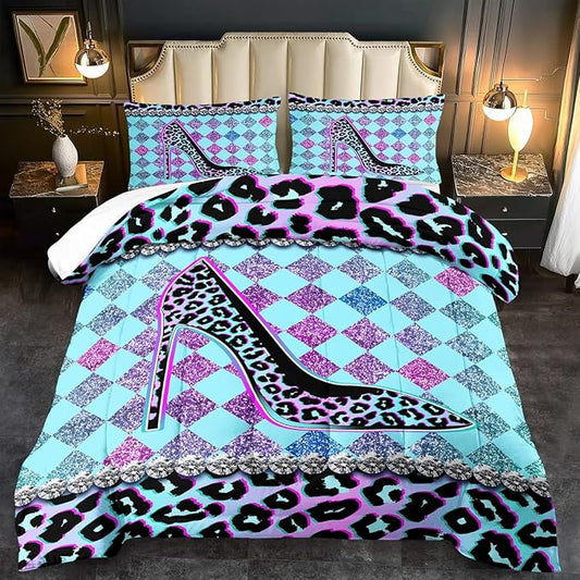 Rainbow Cheetah Print Comforter Set Queen Girls Sexy High Heels Leopard Print Bedding Set Women High Heels Leopard Comforter Quilt Bedroom Decor Animal Cheetah Bedding Bed Decor