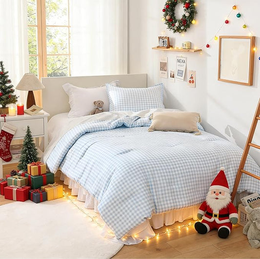 Andency Light Blue Gingham Comforter Set Twin(66x90Inch), Checkered Grid Plaid Buffalo Bed Set for Girls Boys Kids Teens, 2 Pieces Lightweight Microfiber Geometric Preppy Bedding