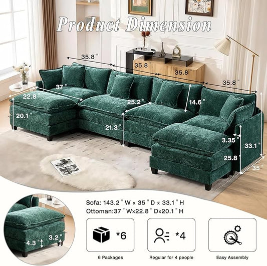 SoarFlash 149.61" Chenille Sectional Sofa, Comfy U Shaped Modular Coush Sofa with Ottoman, Modern 4 Seat Couch Deep Seat Sofa Set for Living Room,Green